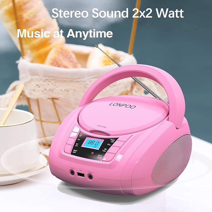 LONPOO Portable Boombox - CD Player, Bluetooth, USB, MP3, AUX, FM Radio, Portable, Built-in Stereo Speakers, Carrying Handle, LCD Display, Pink