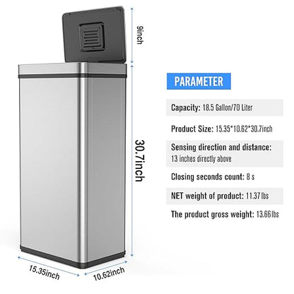 Silver 18.5 Gallon Smart Automatic Trash Can with Deodorizer Compartment, Stainless Steel Body and Mute Sensor Lid for Kitchen Office Living Room and More, Assemble Large Capacity Garbage Can