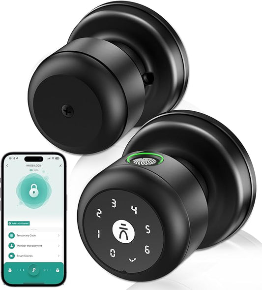 Smart Door Knob with Lock,Keyless Entry Fingerprint Door Lock,Carbon Black | Smart Lock with Auto-Lock , App, Key, Fingerprint Door Locks with Keypad for Front Door, Apartment, Hotel, Interior, Exterior