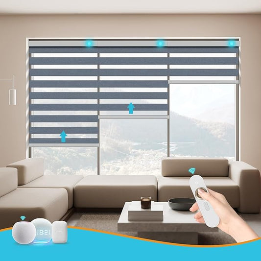 Motorized Zebra Blinds with Remote Smart Blind Work with Homekit Alexa SmartThings Electric Day and Night Shade Cordless Automatic Solar Powered Window Shade Customize(Pure Grey)