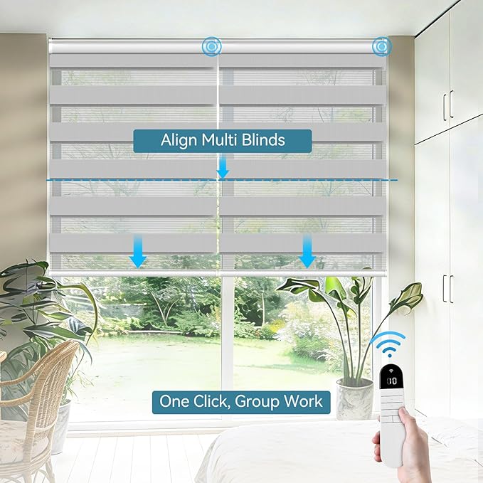 Interior Window Shades, Smart Dual Layer Light Filtering Blinds Compatible with Alexa & Google Home, Customized Size Cordless Electric Window Shades, (Smoky Gray, 55% Blackout)