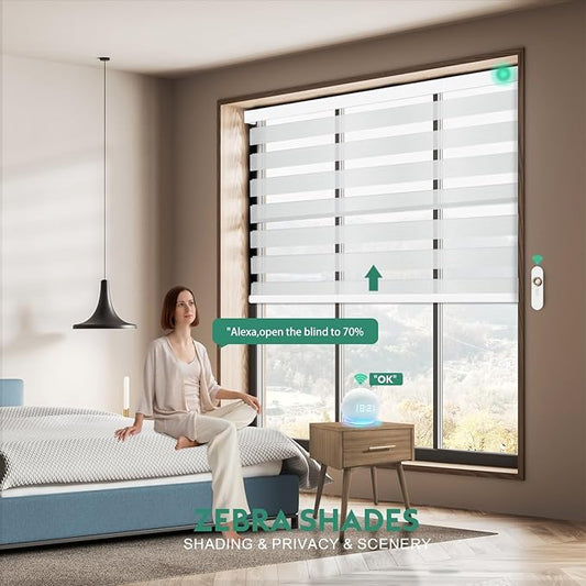 Motorized Zebra Blinds with Remote, Work with HomeKit Alexa Automatic Electric Window Shades 95% Blackout Light Filtering for Smart Home and Office, Customized Size Equinos White