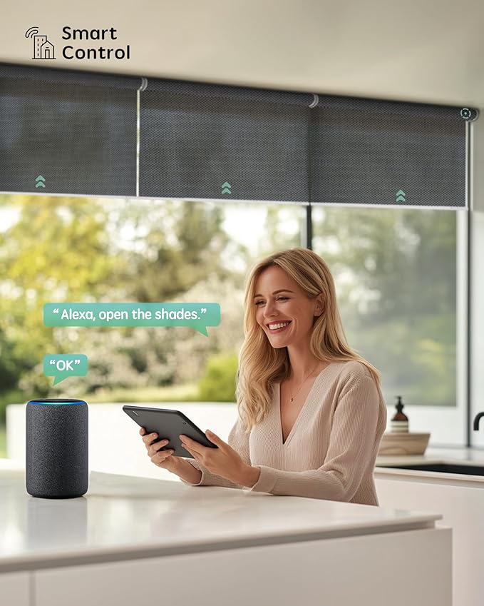 Yoolax Smart Coupled Solar Shades Compatible with Alexa, Motorized Blinds with Remote Flame Retardant Coupled Roller Shades for X-Large Windows, Custom Size (XL - 3% Openness Greyish Black)