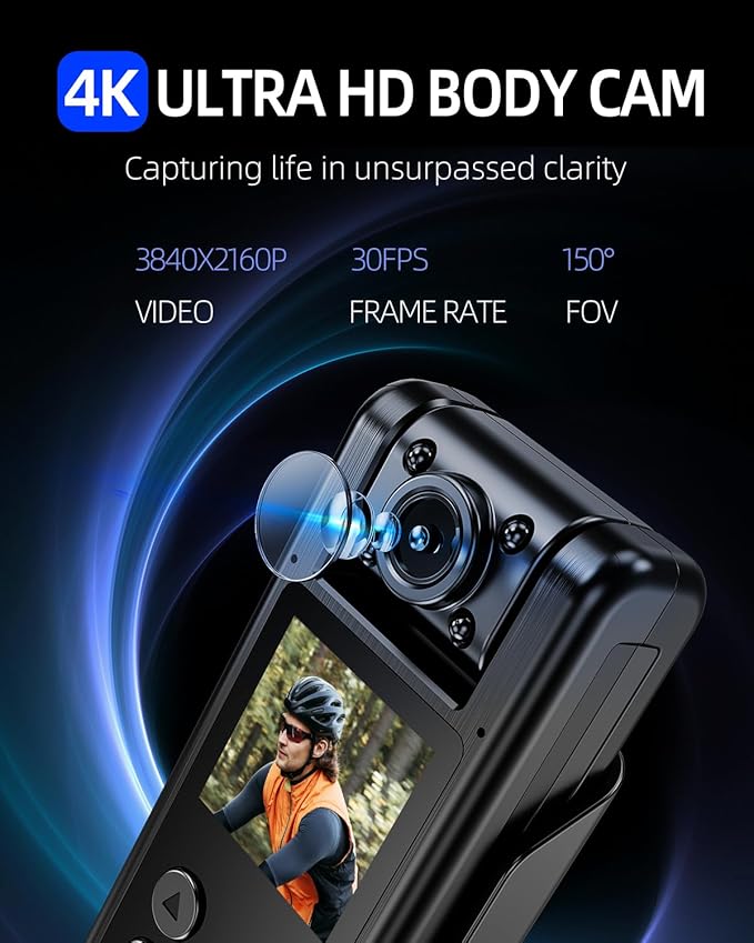 VIDCASTIVE 4K WiFi Body Camera with 64G Memory Card, Portable Body Worn Cam with 180° Rotatable Lens, Night Vision, 2000mAh Battery for Daily Records, Delivery/Serving Jobs