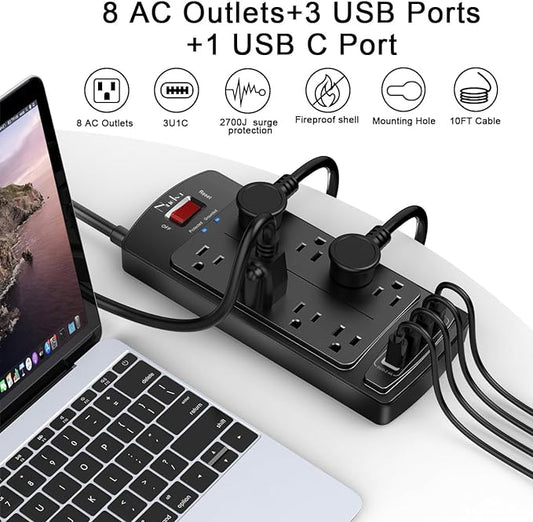 10 Feet Surge Protector Power Strip - Nuetsa Extension Cord(1625W/13A) with 8 Outlets and 4 USB Ports, Flat Plug, 2700 Joules, for Home, School, College Dorm Room, and Office, ETL Listed, Black