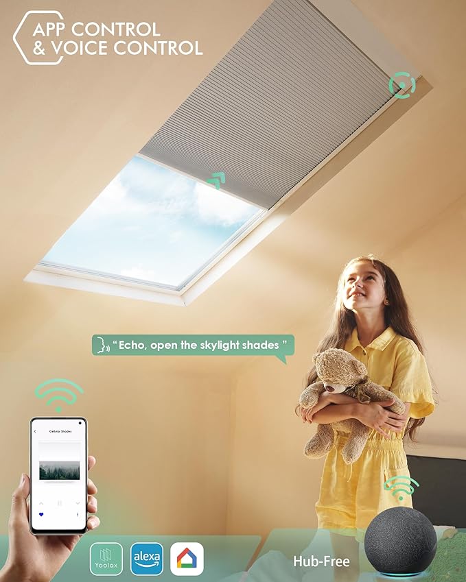 Yoolax Motorized Skylight Shades, Smart Cellular Shades Compatible with Alexa Google, Electric Cordless Honeycomb Blinds with Remote for Roof Inclined Plane Room (Room Darkening White)