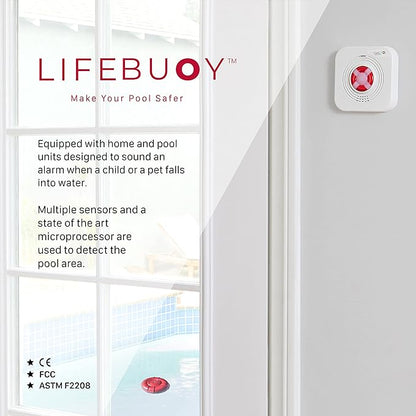 Lifebuoy Pool Alarm System - Pool Motion Sensor with Advanced Algorithm - Smart Pool Alarm That is Application Controlled. Powerful Sirens Blare at Poolside and Indoors