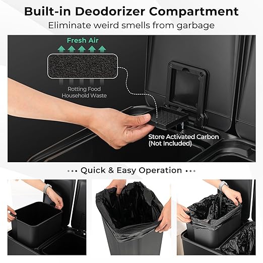 Goplus 16 Gallon/ (2x30L) Stainless Steel Trash Can, Kitchen Trash Bin w/Dual Removable Inner Buckets, Soft Closure & Step-on Pedal, Deodorizer Compartment, Garbage Bin for Recycling, Black