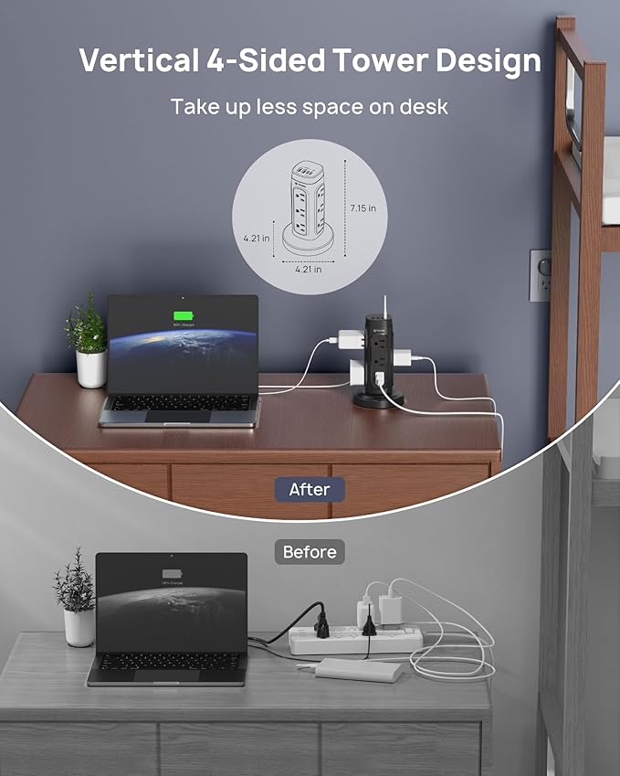 TROND Semi-Retractable Power Strip Tower - Flat Plug Surge Protector Power Strip with USB C PD 20W, 10ft Extension Cord with Multiple Outlets, 1700 Joules, Home Office Dorm Room Essentials, Black