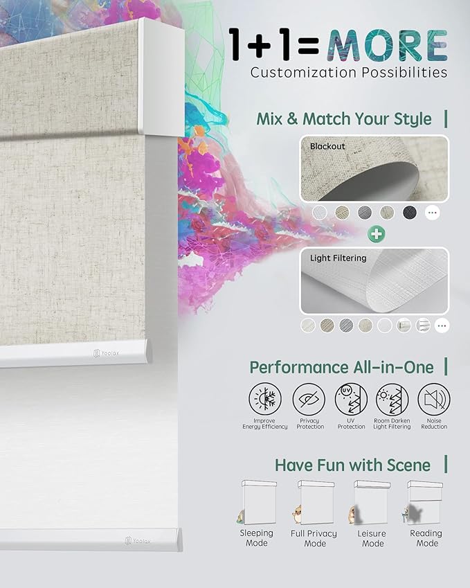Yoolax Smart Dual Roller Shades, Motorized Blinds with Remote Smart Blinds Compatible with Alexa, Automatic Dual Shades for Windows Bedroom Living Room (Linen Beige & Jacquard White)