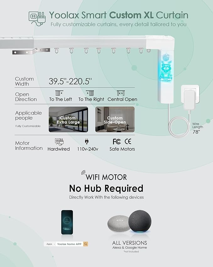 Yoolax Smart Custom XL Curtain Compatible with Alexa and Google Home, Motorized Curtain Hardwired with Remote Customized Size (Delicate Tranquil Greige)