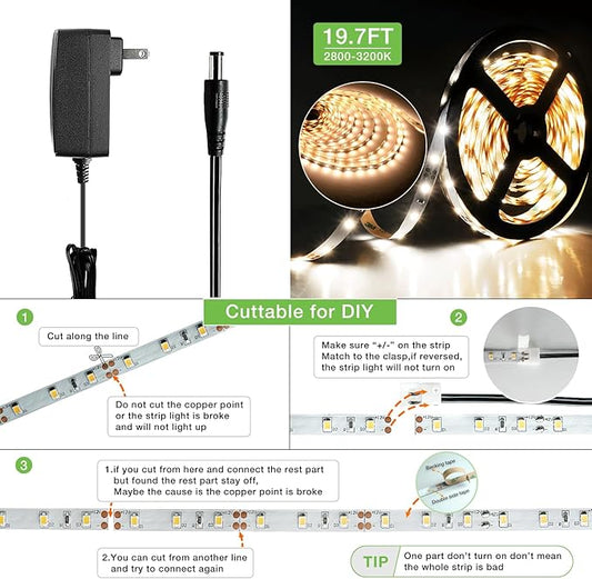 RAYZEEK Wireless Motion Activated LED Strip Lights,19.7FT LED Strip Lights with Power Adapter,Wireless Motion Sensor Control Dimmer,Timing,Warm White (1×Controller+2×Motion Sensor)