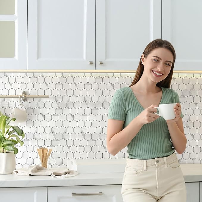 20-Sheet Hexagonal Peel and Stick Backsplash, Jazz White Kitchen Backsplash Wall Tiles, Stone Surface Waterproof Stick on Tile for Bathroom, RV, Fireplace