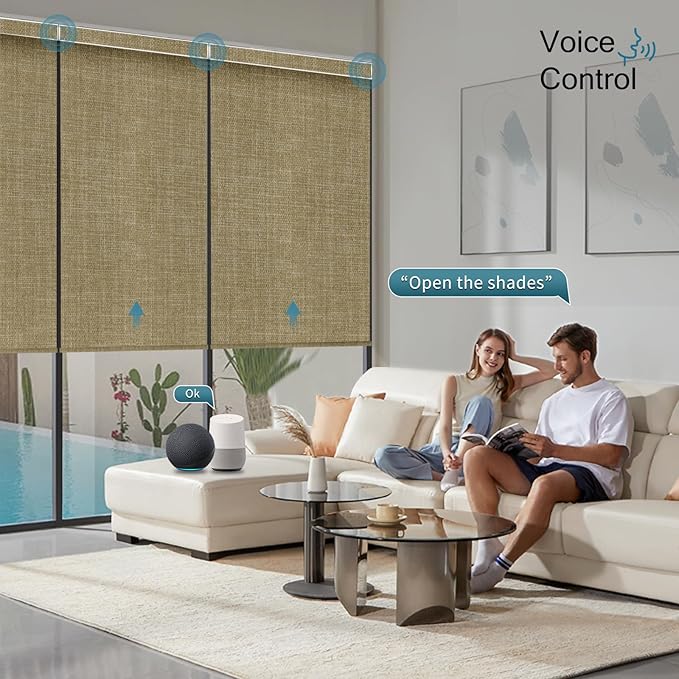 Motorized Roller Shade, 100% Blackout Smart Window Blinds Work with Homekit, Alexa, Google Home, Remote Control, Electric Blinds with USB/Solar Pannel Charging, Gentle Wheat