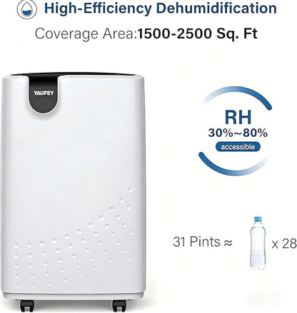 Yaufey 2500 Sq. Ft Dehumidifier for Home and Basements with Auto or Manual Drainage, 0.48 Gallon Water Tank Capacity -Low Noise and 24 Hr Timer