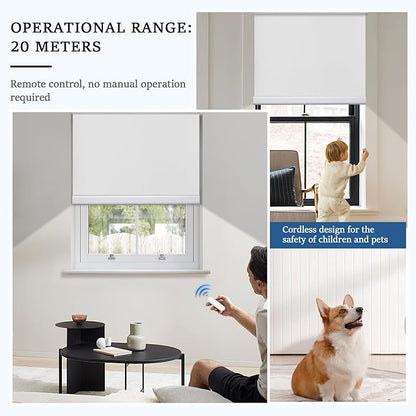 Grandekor Motorized Roller Shade with Remote Control,Motorized Blinds 100% Blackout Electric Shades, Cordless Window Blinds Shades for Bedroom Living Room Office,White,W34 xH72