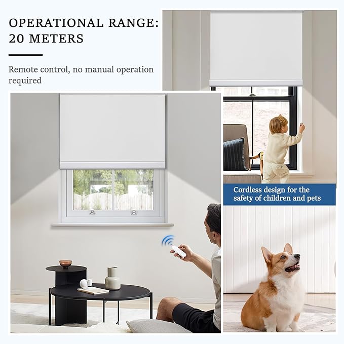 Grandekor Motorized Roller Shade with Remote Control,Motorized Blinds 100% Blackout Electric Shades, Cordless Window Blinds Shades for Bedroom Living Room Office,White,W27 xH72