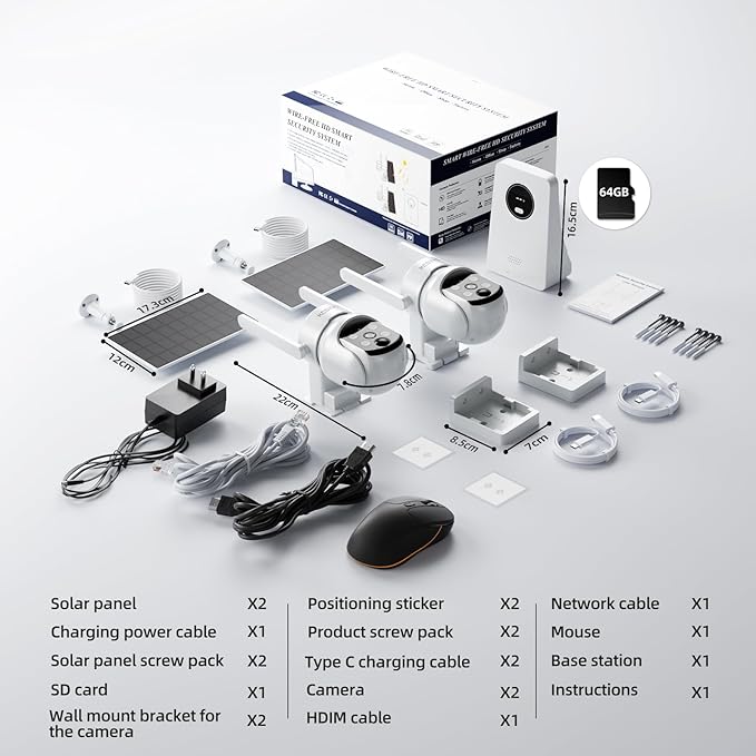 Solar Powered Security Cameras Wireless Outdoor, 4MP Cameras, 2 Cam kit with Color Night Vision, 360° PTZ, with 64G SD Local Recording, No Monthly Fees