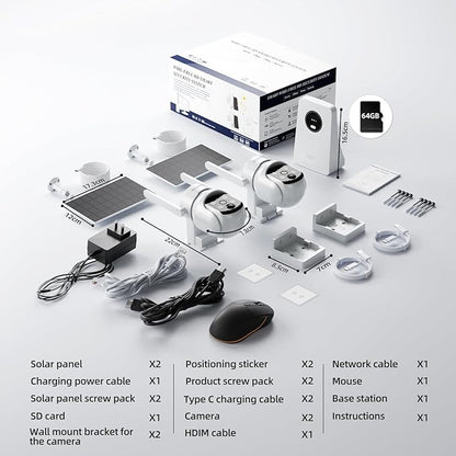 Solar Powered Security Cameras Wireless Outdoor, 4MP Cameras, 2 Cam kit with Color Night Vision, 360° PTZ, with 64G SD Local Recording, No Monthly Fees