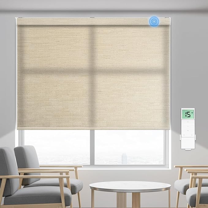 Tokblind Motorized Light Filtering Roller Shade Fabric Covered Valance and Bottom Rod, Remote Control Window Blind Compatible with Alexa via Hub, Custom Size (Texture Dark Coffee - Wrapped Fabric)