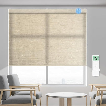 Tokblind Motorized Light Filtering Roller Shade Fabric Covered Valance and Bottom Rod, Remote Control Window Blind Compatible with Alexa via Hub, Custom Size (Texture Dark Coffee - Wrapped Fabric)