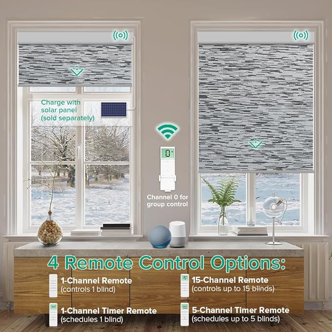 Motorized Roller Shades, 10O% Blackout Remote Control Custom Window Shades Compatible with Alexa Google Assistant via RF Hub, Rechargeable Electric Blinds for Windows (Texture Black Grey)