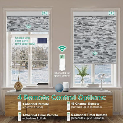 Motorized Roller Shades, 10O% Blackout Remote Control Custom Window Shades Compatible with Alexa Google Assistant via RF Hub, Rechargeable Electric Blinds for Windows (Texture Black Grey)