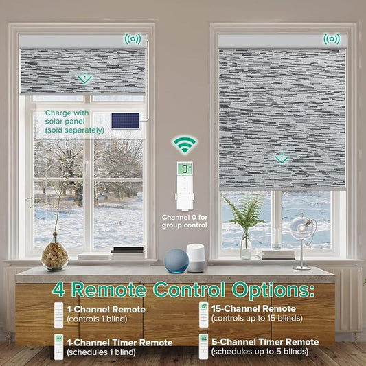 Motorized Roller Shades, 10O% Blackout Remote Control Custom Window Shades Compatible with Alexa Google Assistant via RF Hub, Rechargeable Electric Blinds for Windows (Texture Black Grey)