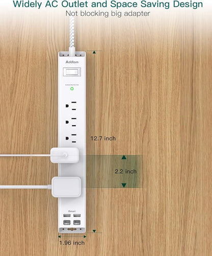 10Ft Surge Protector Power Strip - Long Extension Cord, Addtam 5 Widely Outlets 4 USB Ports, Flat Plug, Multi Plug Outlet Extender, Desk Charging Station for Home Office College Dorm Room Essentials