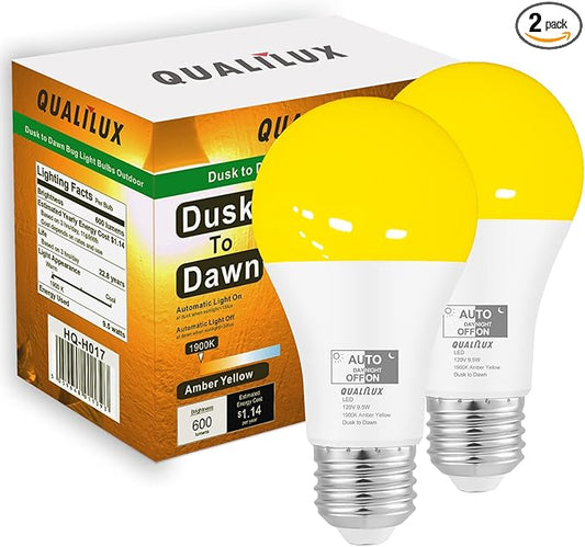 Qualilux Dusk to Dawn Bug Light Bulbs Outdoor, 1900K Amber Yellow, 600 Lumen, LED 9.5W, A19 E26, 2-Pack, HQ-H017