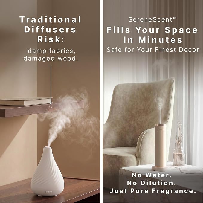 Homedics SereneScent Waterless Diffuser, Cold Air Scent Machine for Home | Diffuser for Large Rooms, App-Controlled Fragrance Diffuser with Timer and Ambient Lights, Beige