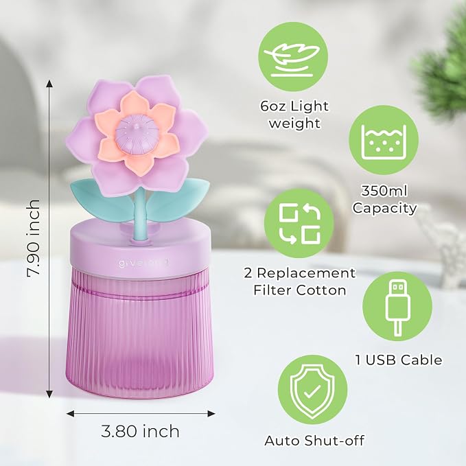 Cute Flower Mini Humidifier, Small Cool Mist Desk Humidifiers, Portable USB Personal Desktop Plant Humidifiers, Cooling for Home Office Car Travel Indoor Outdoor (260ml,Purple Gardenia)