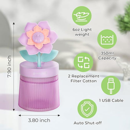 Cute Flower Mini Humidifier, Small Cool Mist Desk Humidifiers, Portable USB Personal Desktop Plant Humidifiers, Cooling for Home Office Car Travel Indoor Outdoor (260ml,Purple Gardenia)