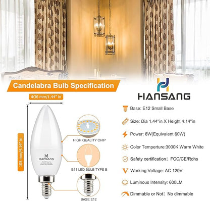 8 Pack E12 LED Candelabra Bulbs 3000K Warm White, B11 Ceiling Fan Light Bulbs Small Base, 6W 60Watt Equivalent, C37 Type B Light Bulb for Chandelier, 600 Lumen, Non-dimmable