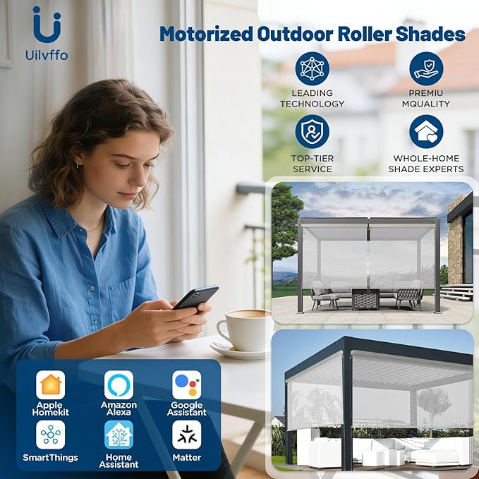 Motorized Outdoor Shades, Custom Patio Roller Blinds with Remote, Smart Exterior Sun Shades Compatible with Alexa, HomeKit, Google Home (5% Openness Sliver)