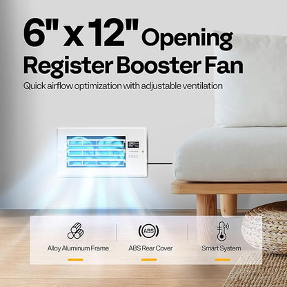 VIVOHOME Register Booster Fan - 6'' x 12'' Opening with Adjustable Louver - Smart Thermostat & 10-Speed Remote Control - AC Vent Fan for Floor, Ceiling, Wall - Quiet Operation (White)