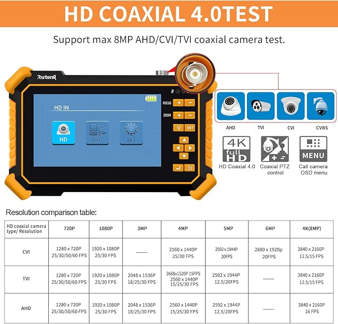 Rsrteng CCTV Tester Monitor Auto HD Coaxial Camera Tester 4K 8MP TVI/CVI/AHD/CVBS Analog Video Monitor 4.3 inch TFT-LCD Screen PTZ Control RS485 Call OSD Menu Audio DC12V Power Output