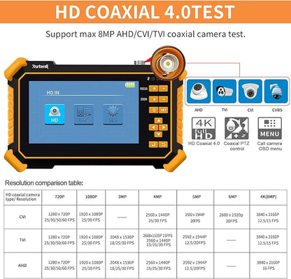 Rsrteng CCTV Tester Monitor Auto HD Coaxial Camera Tester 4K 8MP TVI/CVI/AHD/CVBS Analog Video Monitor 4.3 inch TFT-LCD Screen PTZ Control RS485 Call OSD Menu Audio DC12V Power Output