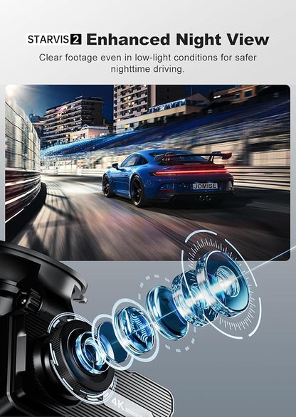 JOMISE 4K Dash Cam,5G WiFi Car Camera Built-in GPS,4K+1080P Dash Cam Front and Rear Inside,170° Wide Angle dashcam,24H Parking Mode with Loop Recording, Night Vision, 64GB Card,3-Inch Screen,Max 256GB