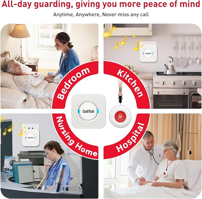 CallToU Caregiver Pager Wireless Alert Button Home Wireless Intercom System | Easy Use, Red Walkie Talkies for Seniors Long Range Room Intercoms 2 Way Radio for Elderly/Patient/Adults/Home/Office