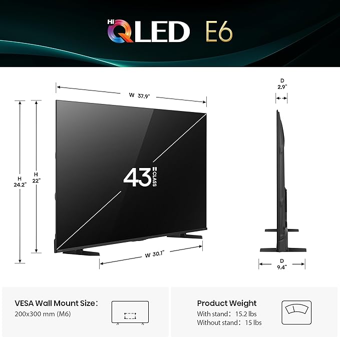 Hisense 43" E6 Cinema Series Hi-QLED 4K UHD Smart Fire TV (43E6QF) - AI Light Sensor, Dolby Vision · Atmos, Voice Remote with Alexa, Motion Rate 120, HDR 10+ Adaptive, Game Mode Plus