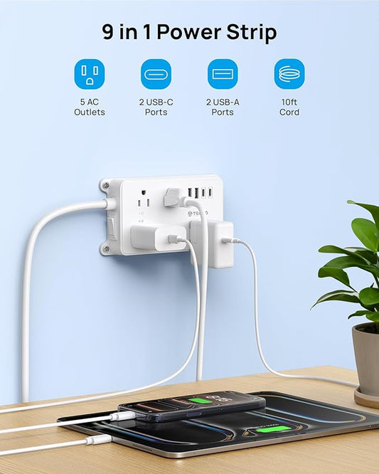 TROND Power Strip with USB, 10ft Extension Cord Surge Protector, 5 Widely Spaced Outlets with 4 USB Ports, ETL Listed, 1300J, Low-Profile Flat Plug, Wall Mountable, White