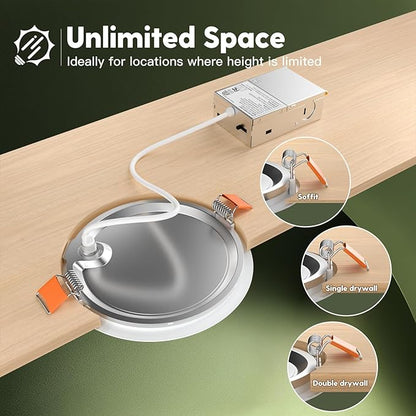 48 Pack 6 Inch 5CCT Ultra-Thin LED Recessed Ceiling Light with Junction Box, 2700K/3000K/3500K/4000K/5000K Selectable, 1050LM Brightness, Dimmable Canless Wafer Downlight, 12WEqv110W ETL&FCC