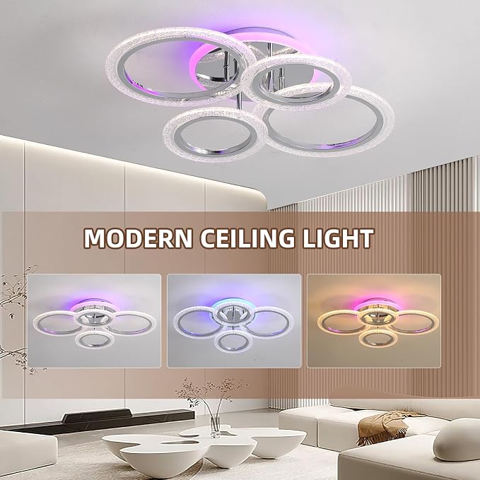 50W Dimmable LED Ceiling Light, Modern Flush Mount, Chrome 4-Ring | Remote Control, Adjustable 3000-6000K, Modern Lighting for Living Room, Bedroom, Kitchen & Hallway