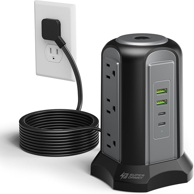 Power Strip Tower Surge Protector, SUPERDANNY Desktop Charging Station, 10 Ft Extension Cord, 9 Outlets, 4 USB Ports, 1080 Joules, 3-Prong, Grounded, Multiple Protections for Home, Office, Black