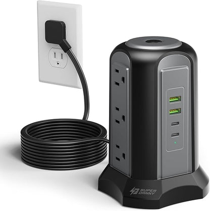 Power Strip Tower Surge Protector, SUPERDANNY Desktop Charging Station, 10 Ft Extension Cord, 9 Outlets, 4 USB Ports, 1080 Joules, 3-Prong, Grounded, Multiple Protections for Home, Office, Black
