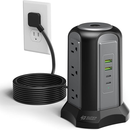 Power Strip Tower Surge Protector, SUPERDANNY Desktop Charging Station, 10 Ft Extension Cord, 9 Outlets, 4 USB Ports, 1080 Joules, 3-Prong, Grounded, Multiple Protections for Home, Office, Black