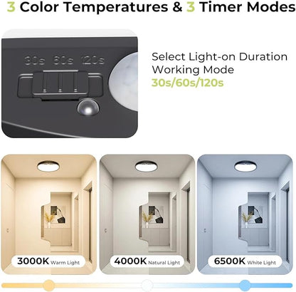 hepside Motion Sensor Ceiling Light Wired, 3000K/4000K/6500K LED Flush Mount Ceiling Light Fixture, 7Inch 15W Motion Sensor Light with Timer for Closet Stair Porch Hallway Pantry,Black