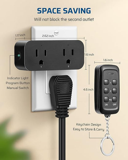 DEWENWILS Indoor Remote Control Outlet, 2 Independent Control & Dual-Controlled, 15A/1875W Remote Light Switch, 100FT Range, Remote Outlet Switch for Lamp,Light, Black
