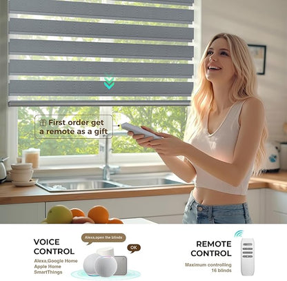 HeyBlinds Motorized Zebra Blinds with Remote, Smart Cordless Electric Zebra Shades for Indoor Windows Compatible with Alexa Google & Homekit, Custom Size (Waving-Perla Gray BO)
